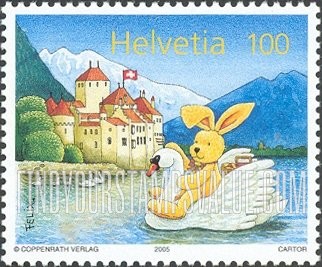 FindYourStampsValue: Federal Administration, Felix the Bunny, by Annette Langen: Swans and Chillon Castle