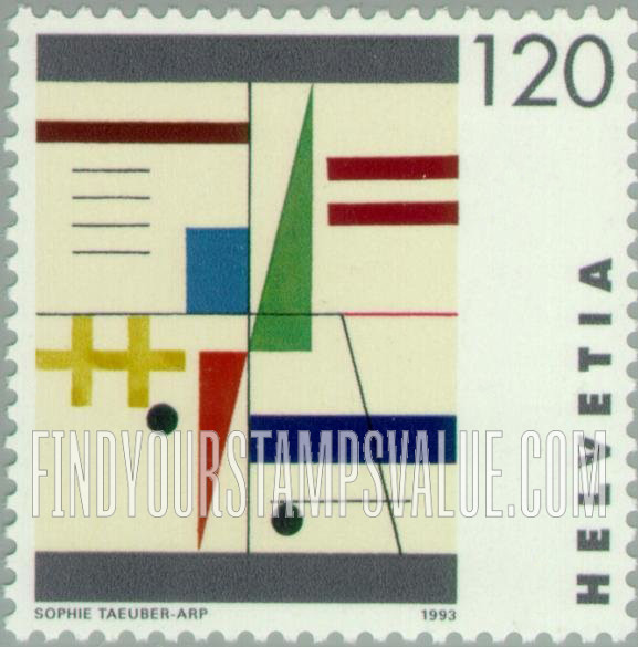 FindYourStampsValue: Federal Administration, Works of Art by Swiss Women: Four Spaces in Horizontal Bands, by Sophie Taeuber-Arp