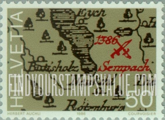 FindYourStampsValue: Federal Administration, Battle of Sempach, 600th Anniversary: Military map, 1698