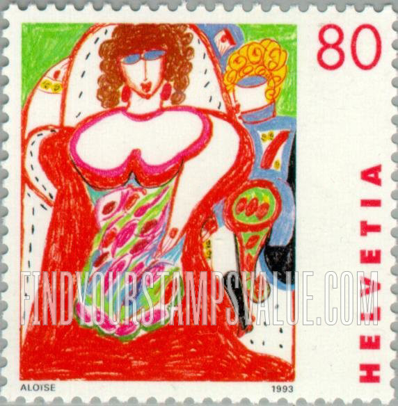 FindYourStampsValue: Federal Administration, Works of Art by Swiss Women: Grande Cantatrice Lilas Goergens, by Aloise Corbaz