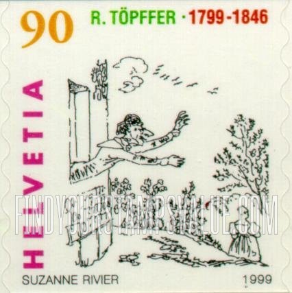 FindYourStampsValue: Federal Administration, Comic Book, “Les Amours de Monsieur Vieux Bois”, by Rodolphe Töpffer (1799-1846): Waving out of window, lady walking away