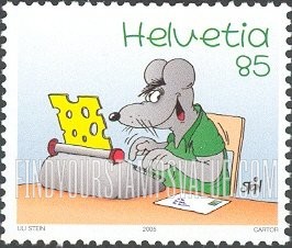 FindYourStampsValue: Federal Administration, Cartoon Mouse, by Uli Stein: Mouse with Slice of Swiss cheese in typewriter