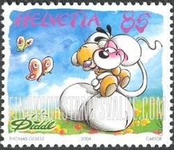 FindYourStampsValue: Federal Administration, Comic Strip “Diddl”, by Thomas Goletz: Diddl with teddy bear, Pimboli, and butterflies