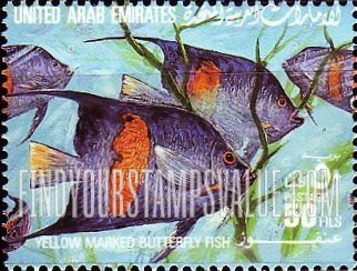 FindYourStampsValue: Fish: Yellow marked butterflyfish - سمك: عنفوز