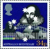 FindYourStampsValue: Great Britain (United Kingdom): Australia Bicentennial - John Lennon, William Shakespeare and Syndey Opera House
