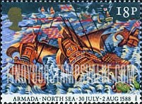 FindYourStampsValue: Great Britain (United Kingdom): Defeat of the Spanish Armada by the Royal Navy, 400th Anniversary - Spanish Ships foundering in the North Sea Storms, July 30-August 2, 1588