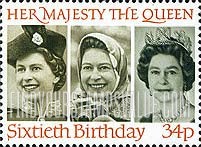 FindYourStampsValue: Great Britain (United Kingdom): Queen Elizabeth II, 60th Birthday - Queen Elizabeth II in 1958, 1973 and 1982