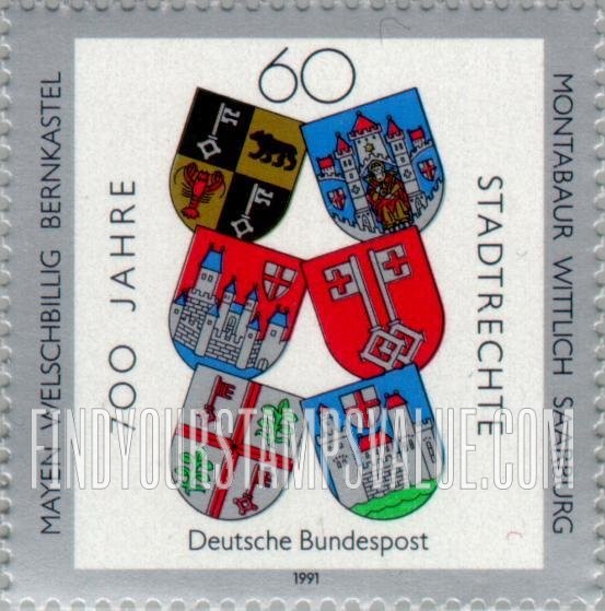 FindYourStampsValue: Town Charters, 700th Anniversary: Arms of Bernkastel, Mayen, Montabaur, Saarburg, Welschbillig, and Wittlich