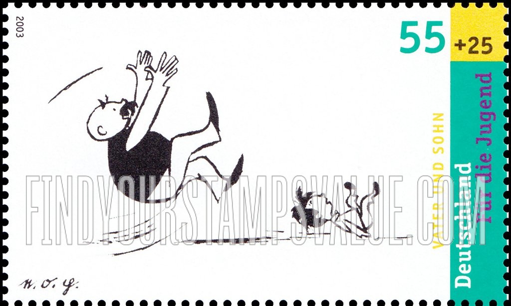 FindYourStampsValue: SEMI-POSTAL - Father and Son, Cartoons by Ehrich Ohser: Father and son running in same direction
