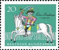 FindYourStampsValue: 250th Birth Anniversary of Soldier and Storyteller Count Hieronymus C.F. von Münchhausen - Münchhausen on His Severed Horse