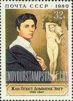 FindYourStampsValue: Russia: USSR, 200th Birth Anniversary of Jean Auguste Dominique Ingres, French Painter - Self-Portrait, and Nymph