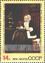 FindYourStampsValue: Russia: USSR, Foreign Paintings in Russian Museums - Girl at Work, by Gabriel Metsu