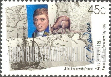FindYourStampsValue: Encounter of Matthew Flinders and Nicolas Baudin, Bicentennial: Baudin and kangaroo