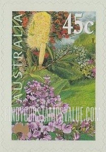 FindYourStampsValue: Gardens: Coast banksia, false sarsaparilla, swamp bloodwood (denomination at UR)