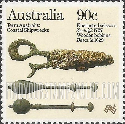 FindYourStampsValue: Coastal Shipwrecks: Wooden bobbins from Batavia, and scissor from Zeewijk, 1727
