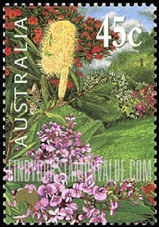 FindYourStampsValue: Gardens: Coast banksia, false sarsaparilla, swamp bloodwood (denomination at UR)