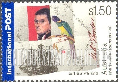 FindYourStampsValue: Encounter of Matthew Flinders and Nicolas Baudin, Bicentennial: Flinders and Port Lincoln parrot