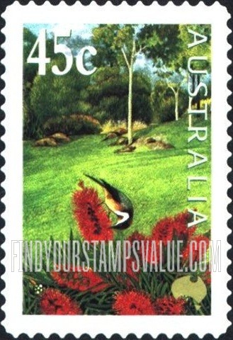 FindYourStampsValue: Gardens: Swamp bottlebrush, Eastern spinebill (denomination at UL)