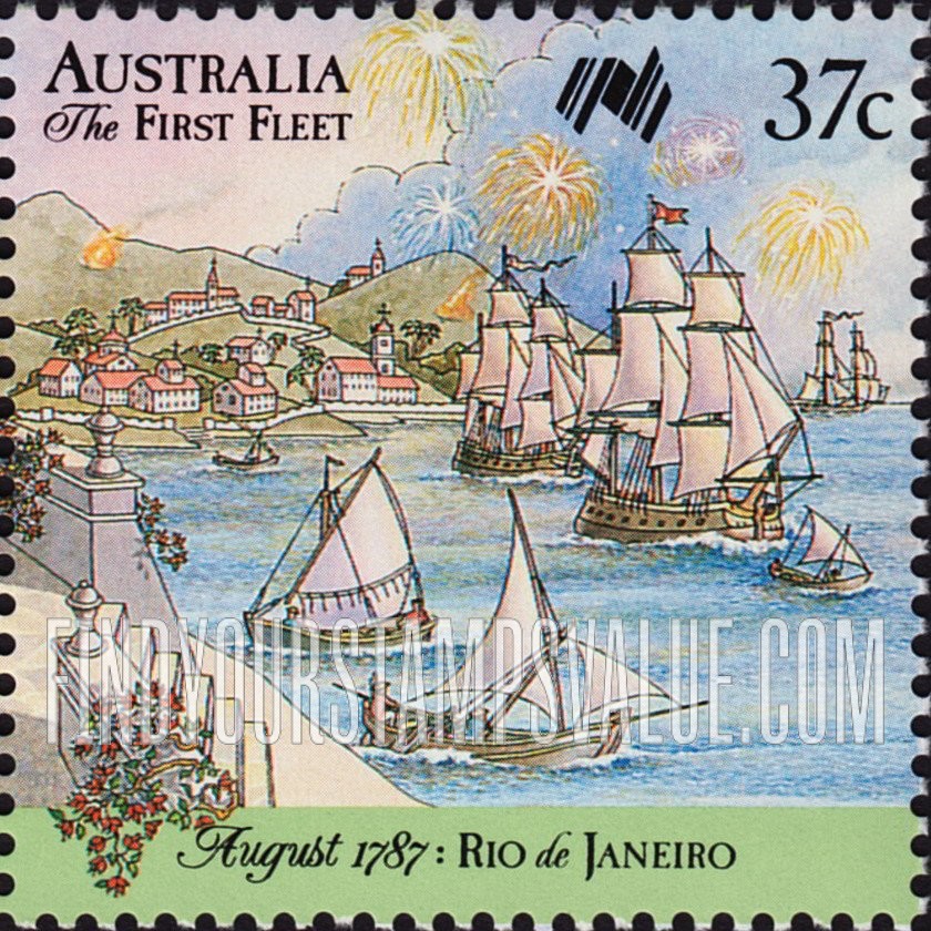 FindYourStampsValue: First Fleet arrives at Rio de Janeiro, August 1787: Fireworks over harbor