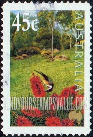 FindYourStampsValue: Gardens: Swamp bottlebrush, Eastern spinebill (denomination at UL)