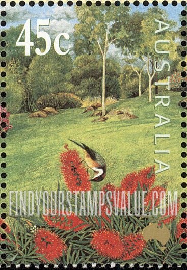 FindYourStampsValue: Gardens: Swamp bottlebrush, Eastern spinebill (denomination at UL)
