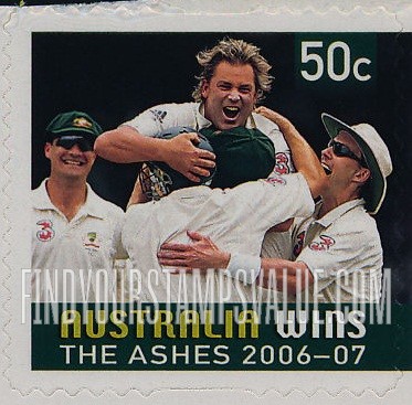FindYourStampsValue: Australian Victory in 2006 Ashes Cricket Match: Players celebrating