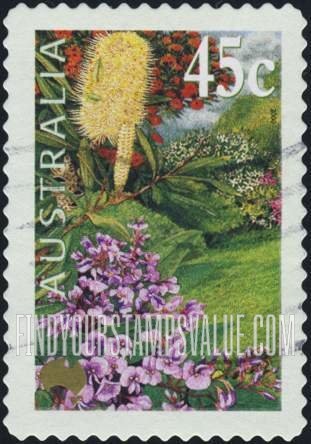 FindYourStampsValue: Gardens: Coast banksia, false sarsaparilla, swamp bloodwood (denomination at UR)