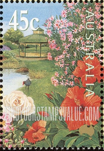 FindYourStampsValue: Gardens: Pond, hibiscus, nerium oleander (denomination at UL)