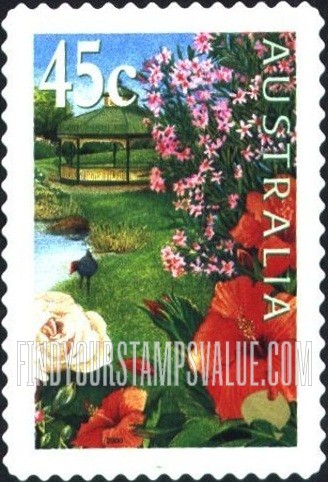 FindYourStampsValue: Gardens: Pond, hibiscus, nerium oleander (denomination at UL)