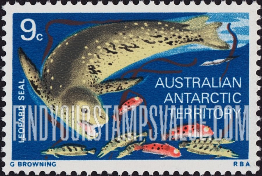 FindYourStampsValue: AUSTRALIAN ANTARCTIC TERRITORY: Leopard seal pursuing fish, horizontal