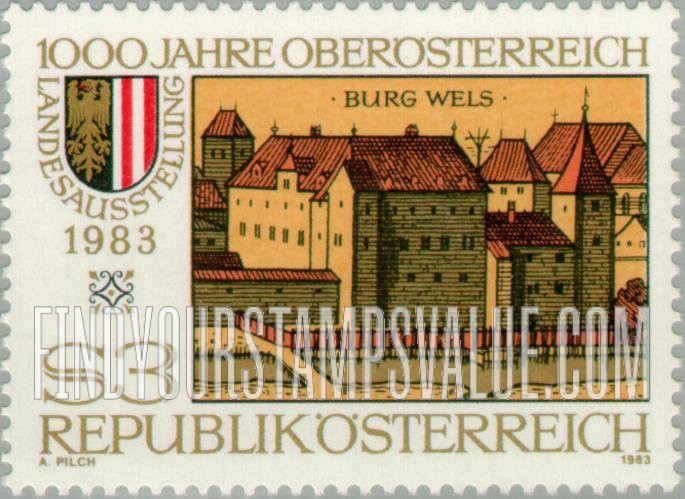 FindYourStampsValue: Upper Austria Millennium Provincia Exhibition: Wels Castle, by Matthaus Merian