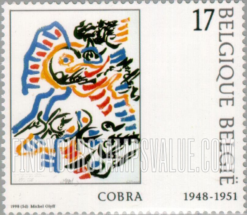 FindYourStampsValue: Belgian Artists, Details or entire paintings: “Black Writing Mixed with Colors”, by Karel Appel & Christian Cotremont of COBRA