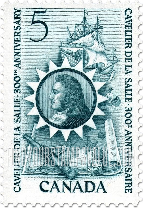 FindYourStampsValue: La Salle, Map of 17th Century Canada, Ship Canoe, Spyglass and Compass