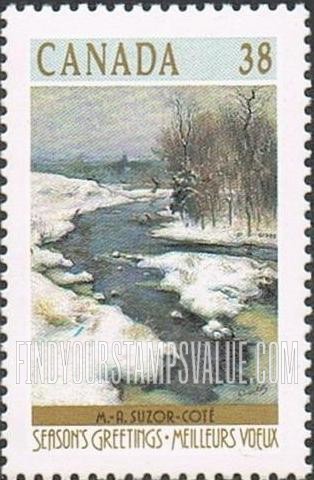FindYourStampsValue: Bend in the Gosselin River, Arthabaska, c. 1906, by Marc-Aurele de Foy Suzor-Cote (1869-1937).
