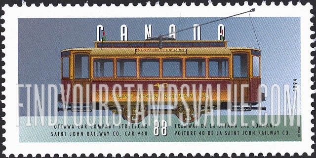 FindYourStampsValue: Historic Vehicles Type of 1993: 1894 Ottawa Car Company Streetcar.