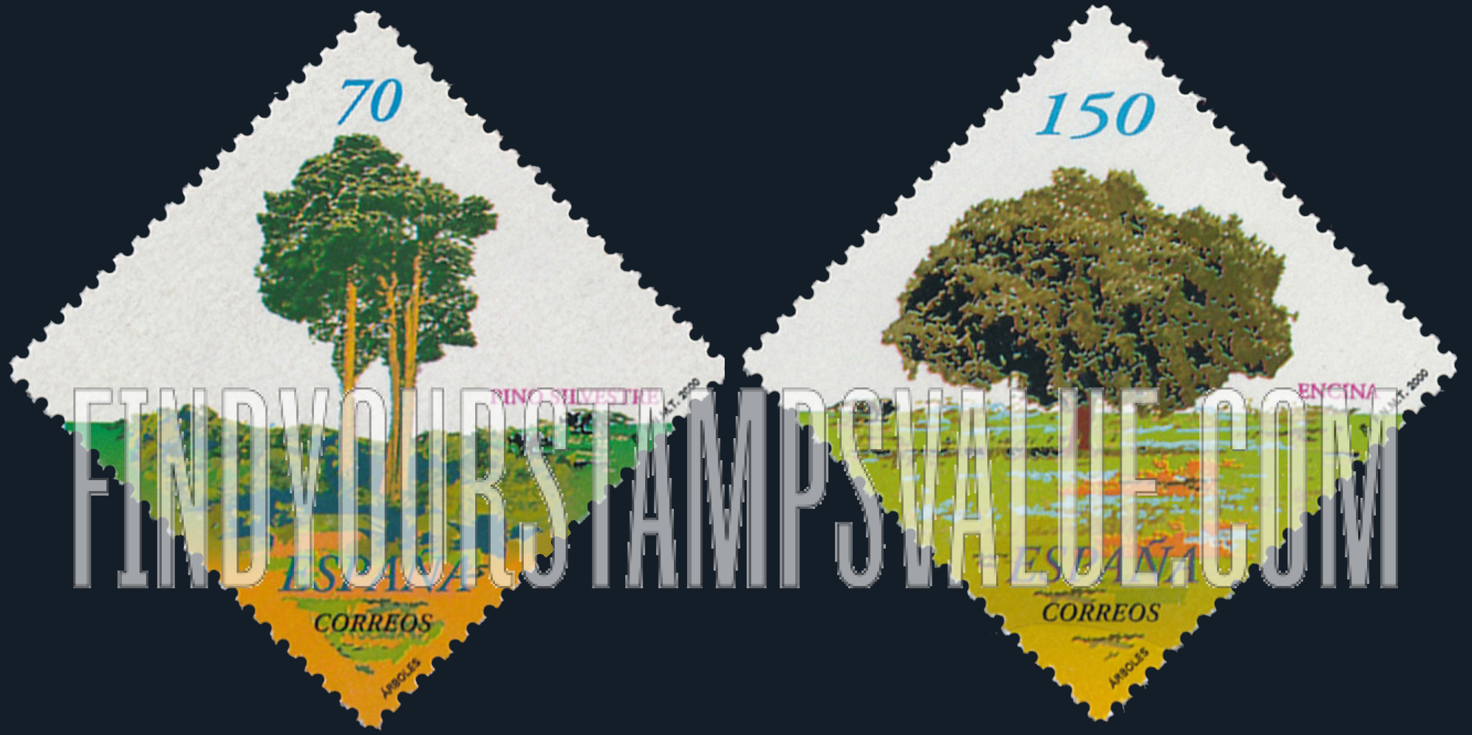 FindYourStampsValue: Trees: Pinus sylvestris, Quercus ilex (encina)