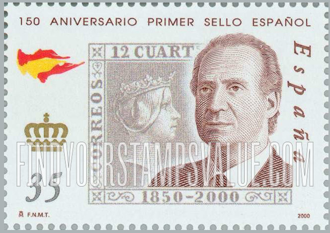 FindYourStampsValue: Spanish Postage Stamps, 150th Anniversary: King Juan Carlos, altered 12c design Queen Isabella II