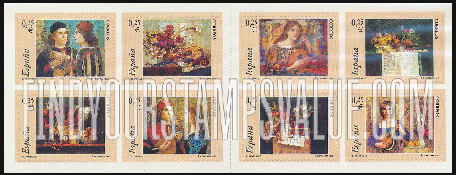 FindYourStampsValue: Paintings With Musical Instruments by Goyo Domínguez