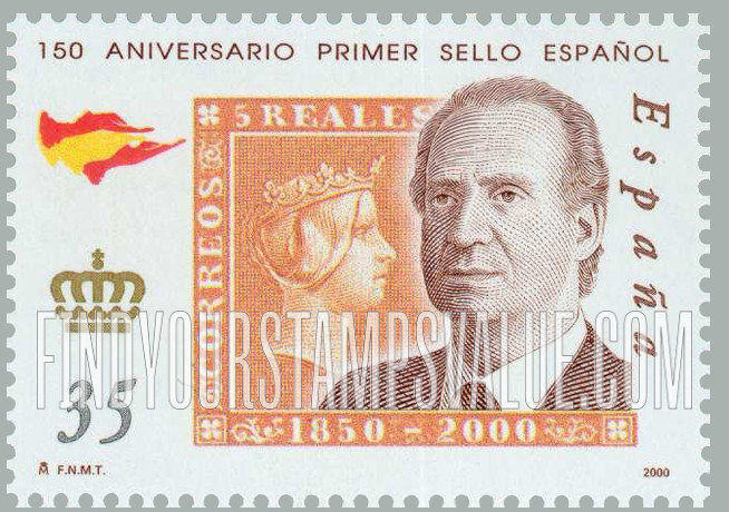 FindYourStampsValue: Spanish Postage Stamps, 150th Anniversary: King Juan Carlos, altered 5r design Queen Isabella II