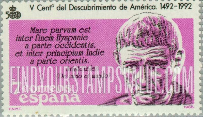 FindYourStampsValue: Discovery of America, 500th Anniversary (in 1992): Aristotle, text from De Cielo et Mundo