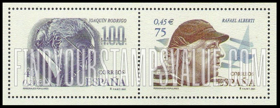 FindYourStampsValue: Famous People: Joaquín Rodrigo (1901-99), musician, Rafael Alberti (1902-99), writer
