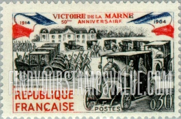 FindYourStampsValue: Paris Taxis Carrying Soldiers to Front, 1914