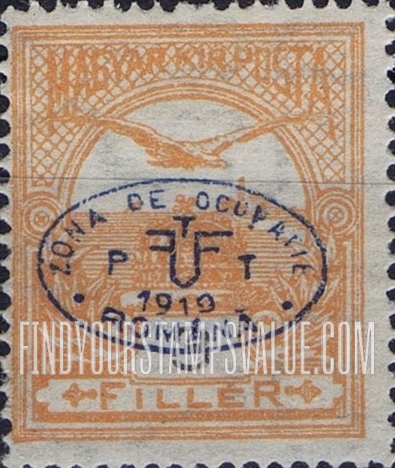 FindYourStampsValue: ISSUED UNDER ROMANIAN OCCUPATION - “Turul” and Crown of Saint Stephen: Hungarian Stamps of 1913-19 Overprinted in Blue or Black