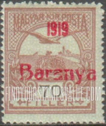 FindYourStampsValue: FIRST BARANYA ISSUE - “Turul” and Crown of Saint Stephen: Hungarian Stamps of 1913-18 Overprinted in Red