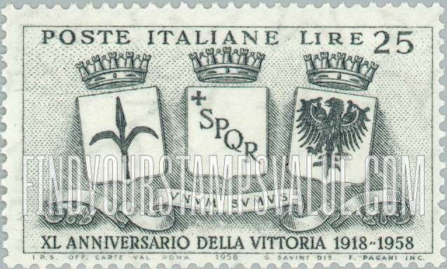 FindYourStampsValue: Coats of Arms of Trieste, Rome & Trento, horizontal