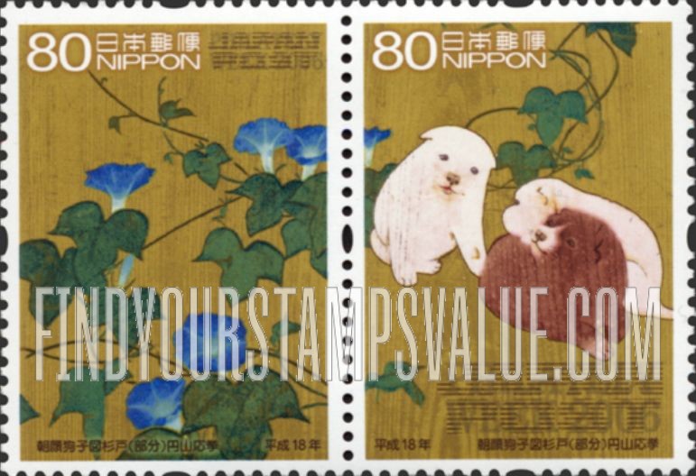 FindYourStampsValue: Detail of "Morning Glories and Puppies" by Maruyama Okyo - 朝顔狗子図杉戸(部分) 円山応挙