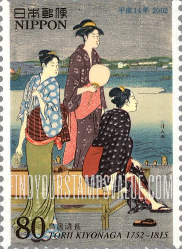 FindYourStampsValue: Cultural Pioneers: Ookawabata Yusuzumi-zu, by Kiyonaga Torii (1752-1815), artist - 文化人：鳥居清長、浮世絵師