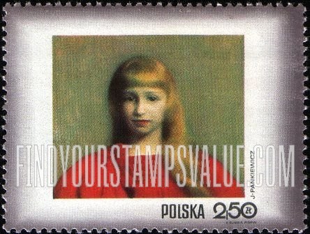 FindYourStampsValue: Paintings of Women: Girl in Red Dress, by Jozef Pankiewicz (1866-1940), horizontal