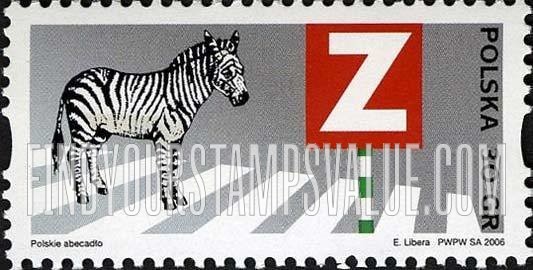 FindYourStampsValue: Depictions of Polish words starting with letters of the alphabet: Zebra