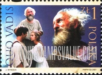 FindYourStampsValue: Premiere of Movie “Quo Vadis,” Directed by Jerzy Kawalerowicz: Apostle Peter blessing Vinicius and Ligia, close-up of Peter (purple and pink inscriptions)